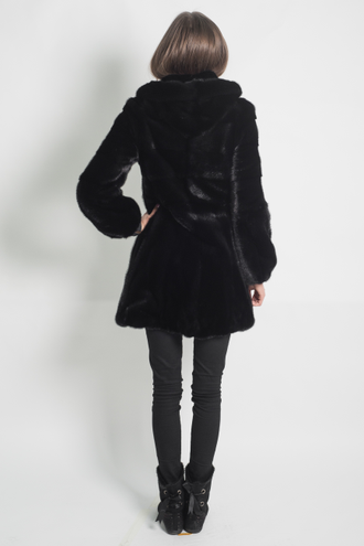 Шуба норковая  с капюшоном женская   Лилия натуральный мех , зимняя, черная АРТ. Д-048