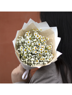 Букет из гипсофилы и ромашек