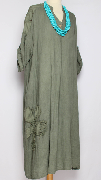 ПЛАТЬЕ БОХО ЛЬНЯНОЕ "СТОЙКА ЗАЩИП КРУЖЕВО" хаки до р.58