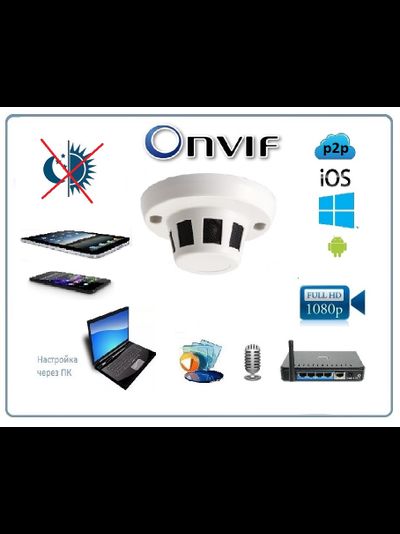 Видеоняня/Охранная IP WiFi-LAN видеокамера с аудиоканалом (корпус датчика дыма), DVR. Full HD (CamHi)