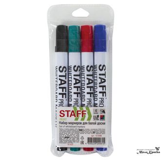 Маркеры для доски STAFF, НАБОР 4 шт., "Profit", чернила АССОРТИ, круглый наконечник, 2,5 мм