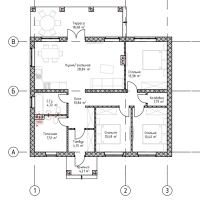 Одноэтажный дом с тремя спальнями 92м² (S35)