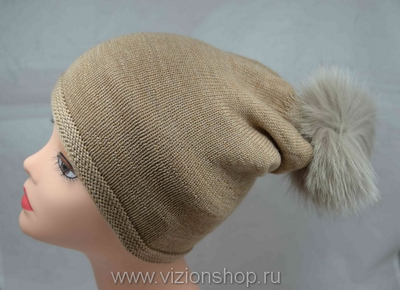 шапка с помпоном вязаная из шерсти мериноса Vizio 4325 бежевая