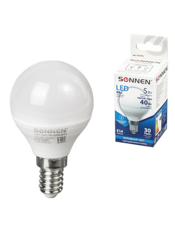 Лампа светодиодная SONNEN, 5 (40) Вт, цоколь E14, шар, холодный белый свет, 30000 ч, LED G45-5W-4000-E14, 453702