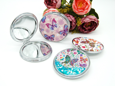 Зеркальце карманное двойное с блестками (ТИП: Бабочки, Единорог)