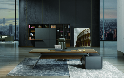 Стол руководителя, на опорной сервисной тумбе, левый ED87L.240205-Г-орехметеоритно-серый, цвет Грецк