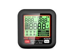Тестер розеток и УЗО КТ 97D серия PROLINE со светодиодной индикацией и ЖК-дисплей с указанием величины теста УЗО, напряжения в сети и тока утечки
