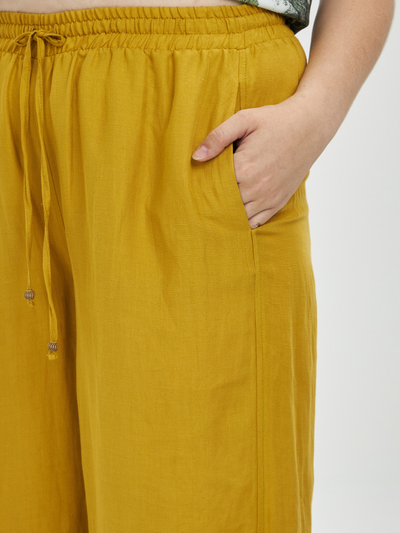 Летние брюки широкие на кулисе из вискозы со льном (горчич)