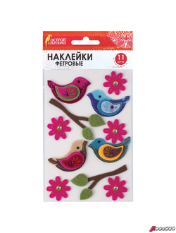 Наклейки из фетра «Птички», 11 шт., ассорти, ОСТРОВ СОКРОВИЩ. 661483