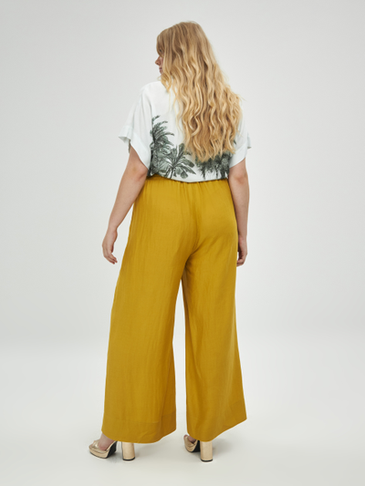 Летние брюки широкие на кулисе из вискозы со льном (горчич)