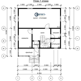 ДЖ-04 ГАБАРИТНЫЕ РАЗМЕРЫ: (8Х8,5М) 1,5 ЭТАЖА, ОБЩАЯ ПЛОЩАДЬ: 142.5М²