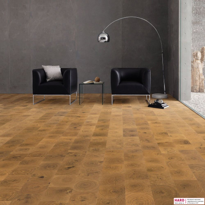 Декор паркетной доски Haro Карре Дуб Селектив (Торцевой распил), лак 529069 в интерьере гостиной