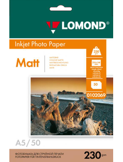 Односторонняя Матовая фотобумага Lomond для струйной печати, A5, 230 г/м2, 50 листов.