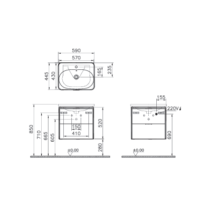 Шкаф Vitra Nest с раковиной c 2 ящиками, 60 см, с LED подсветкой, цвет натуральная древесина, 56144