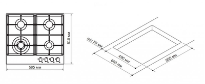 Схема встраивания ГАЗОВОЙ ВАРОЧНОЙ ПОВЕРХНОСТИ KORTING HG 665