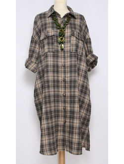 Платье-рубашка Бохо "Клетка"  бежевое