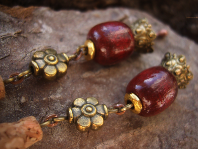 Бохо-серьги "Вино из шиповника" с тигровым глазом и дисками гитарных струн