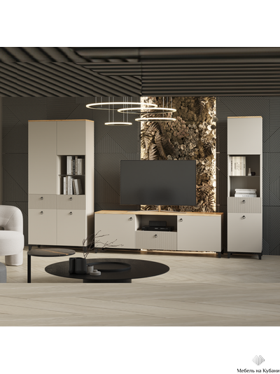 Ника гостиная модульная 2700х2100х410мм мдф бежевый мат-05 / лдсп кашемир + дуб делано