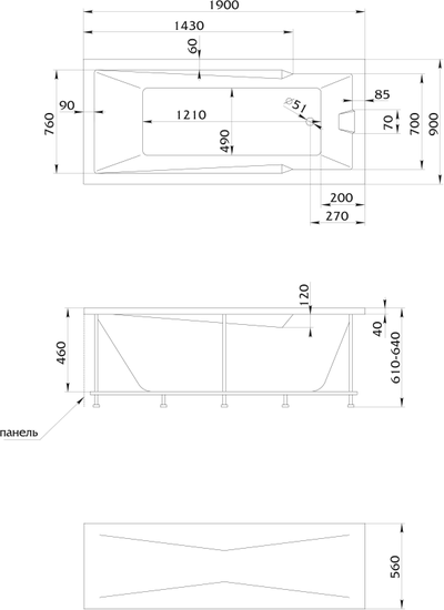 Ванна акриловая прямоугольная 1Marka RAGUZA 190x90 каркас + панель