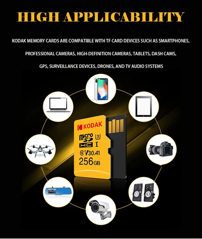 Карта памяти Kodak Micro SD, класс 10, UHS-1 U3 V30 A1 на 256 ГБ, чтение 100 МБ/с, запись данных 30 МБ/с, + переходник SD