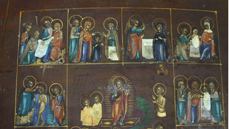 Икона `Воскресение Христово - сошествие в ад` с 12 клеймами двунадесятых праздников. Россия. XIX век.