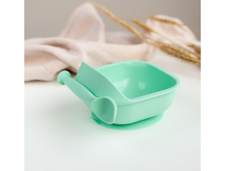 Набор силиконовая тарелочка на присоске с ложечкой Мятный