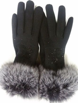 Перчатки женские трикотаж, черные опушка натуральный мех черно бурая лисица пч-001