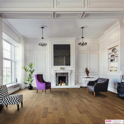 Инженерная доска Haro Prestige Дуб Дымчатый 540180 в интерьере гостиной