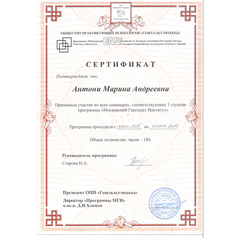 Сертификат участника семинаров программы