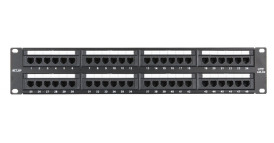 Коммутационная панель NETLAN 19&quot;, 2U, 48 портов, Кат.5e (Класс D), 100МГц, RJ45/8P8C, 110/KRONE, T568A/B, неэкранированная, черная
