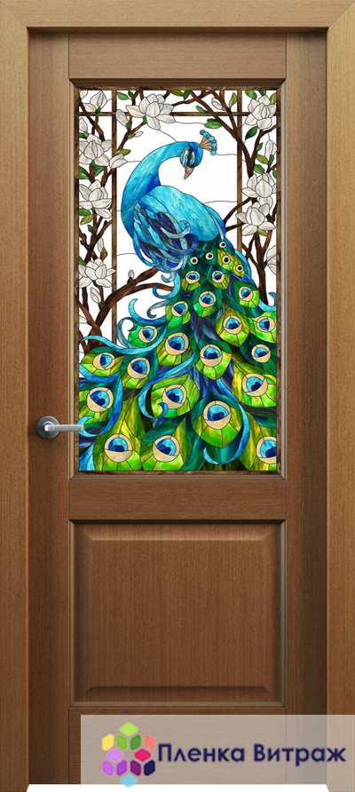 Витражная пленка, витражная пленка самоклеющаяся под заказ,пленочный витраж флора с павлином в дверь
