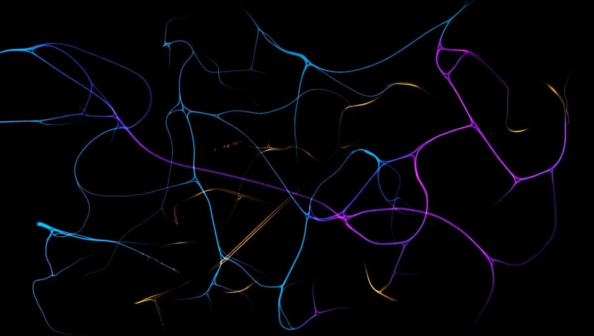 Абстрактные светящиеся нити, которые разрываются и соединяются в новые узоры.