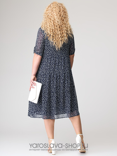 Шифоновое темно-синее  платье свободного силуэта в мелкий цветочек