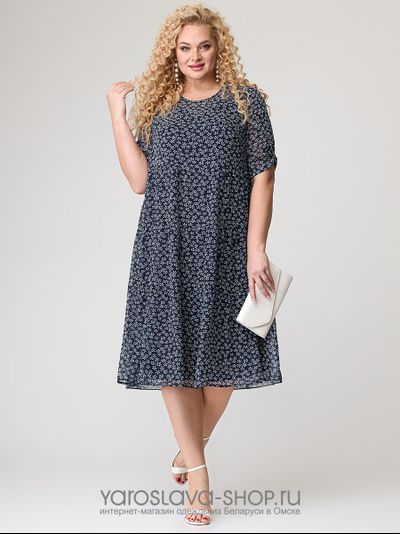 Шифоновое темно-синее  платье свободного силуэта в мелкий цветочек