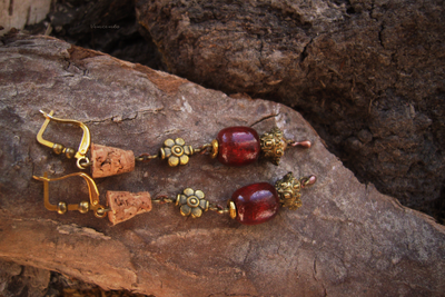 Бохо-серьги "Вино из шиповника" с тигровым глазом и дисками гитарных струн