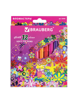 Фломастеры BRAUBERG "Blooming flowers", 12 цветов, вентилируемый колпачок, картонная упаковка с фольгой, 150560, 12 наборов