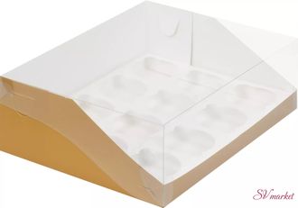 Коробка  12 капкейков с пластиковой крышкой Золото