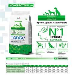 Monge Speciality Line All Breeds Adult Rabbit, Rice & Potatoes (Монж) для взрослых собак всех пород, с кроликом, рисом и картофелем 2,5 кг