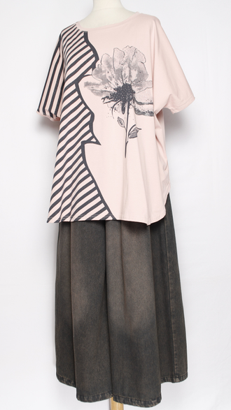 Футболка "ПОЛОСЫ И ЦВЕТОК" розовая до р.56