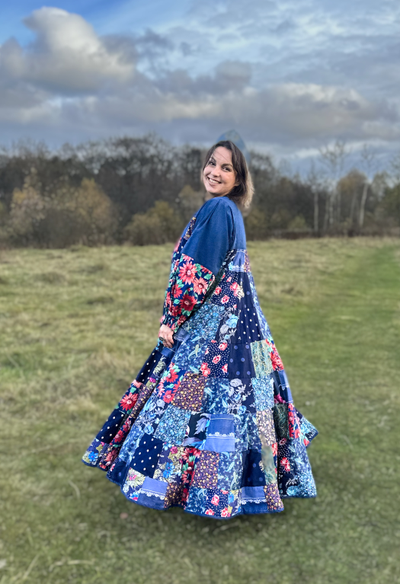 Лоскутное платье в русском стиле "Вечерний Звон" синий