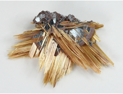 Редкость! Рутил свободного роста, сростки "звезды" золотистых игольчатых кристаллов на кристаллах гематита, Бразилия (28*20*8 мм, 2,5 г) №37917