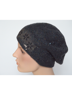 Темно - серый женский берет вязаный с пайетками и стразами Vizio Италия 6978