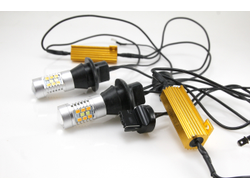 Лампа светодиодная двухрежимная LED T20 (7440) 28 SMD (2835+3030) с линзой (Белый+Желтый), с резистором и проводкой, комплект (2шт)