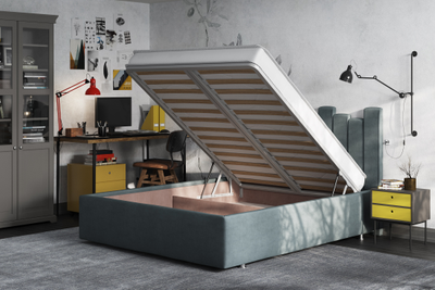 Кровать односпальная, двуспальная, MyCloud Марсель с подъемным механизмом, бельевым ящиком, мягкое изголовье, спинка столбиками