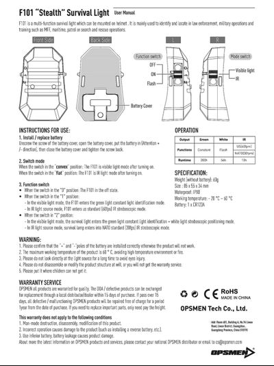 Тактический маячок на шлем OPSMEN F101 (черный корпус) GREEN + IR