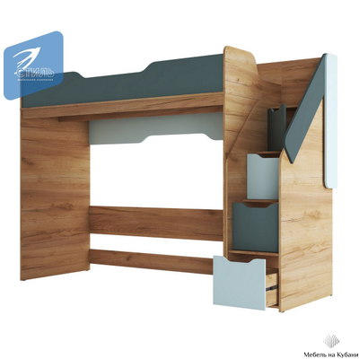 Rich КР-001 Кровать чердак Дуб Крафт золотой - Мята/Сумеречный голубой