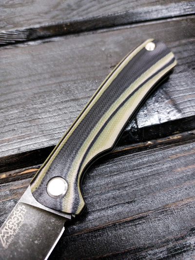 Фрикционный складной нож Микрос+ сталь К110 BlackWash, рукоять G10, цвет тайга