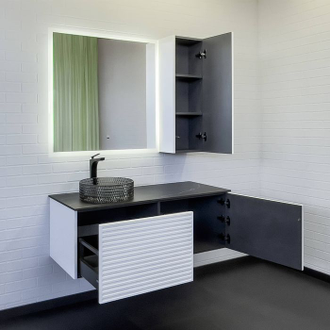 Тумба-умывальник "Геленджик-120" белый матовый со столешницей калакатта блэк, с раковиной COMFORTY CF21001