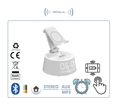 OneDer V02 Bluetooth колонка HiFi СТЕРЕО, с информатором времени/будильник, + модуль беспроводной зарядки, с сенсорным управлением,  с аккумулятором для использования в помещении