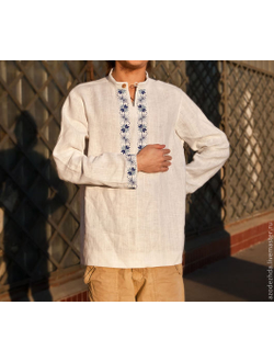 Русская льняная рубаха "Звёзды Рода (сине-голубые)", 44-60